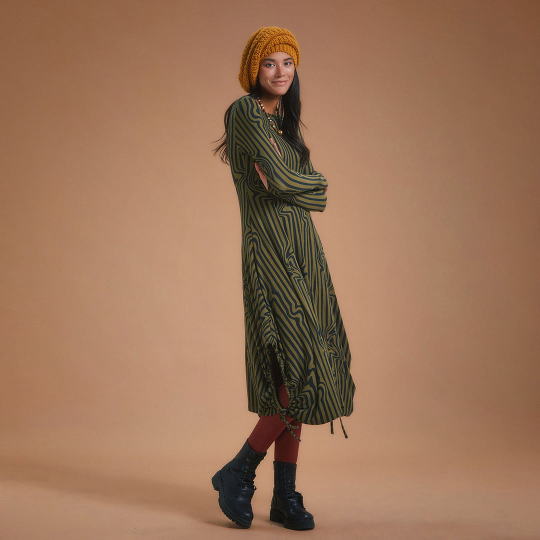 Boat Neck Thumb Hole Side Strings Khaki Pattern Dress