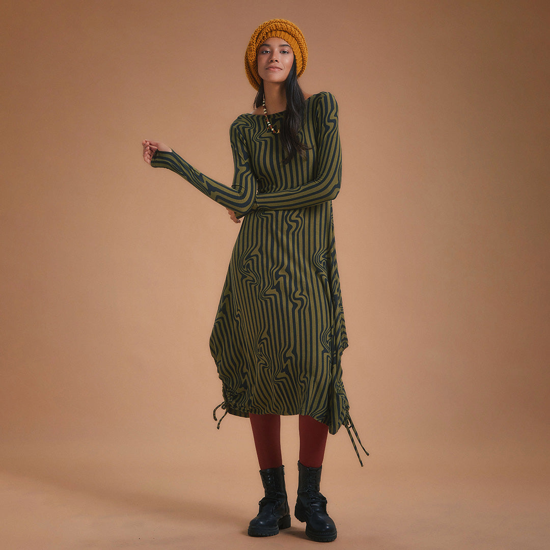 Boat Neck Thumb Hole Side Strings Khaki Pattern Dress