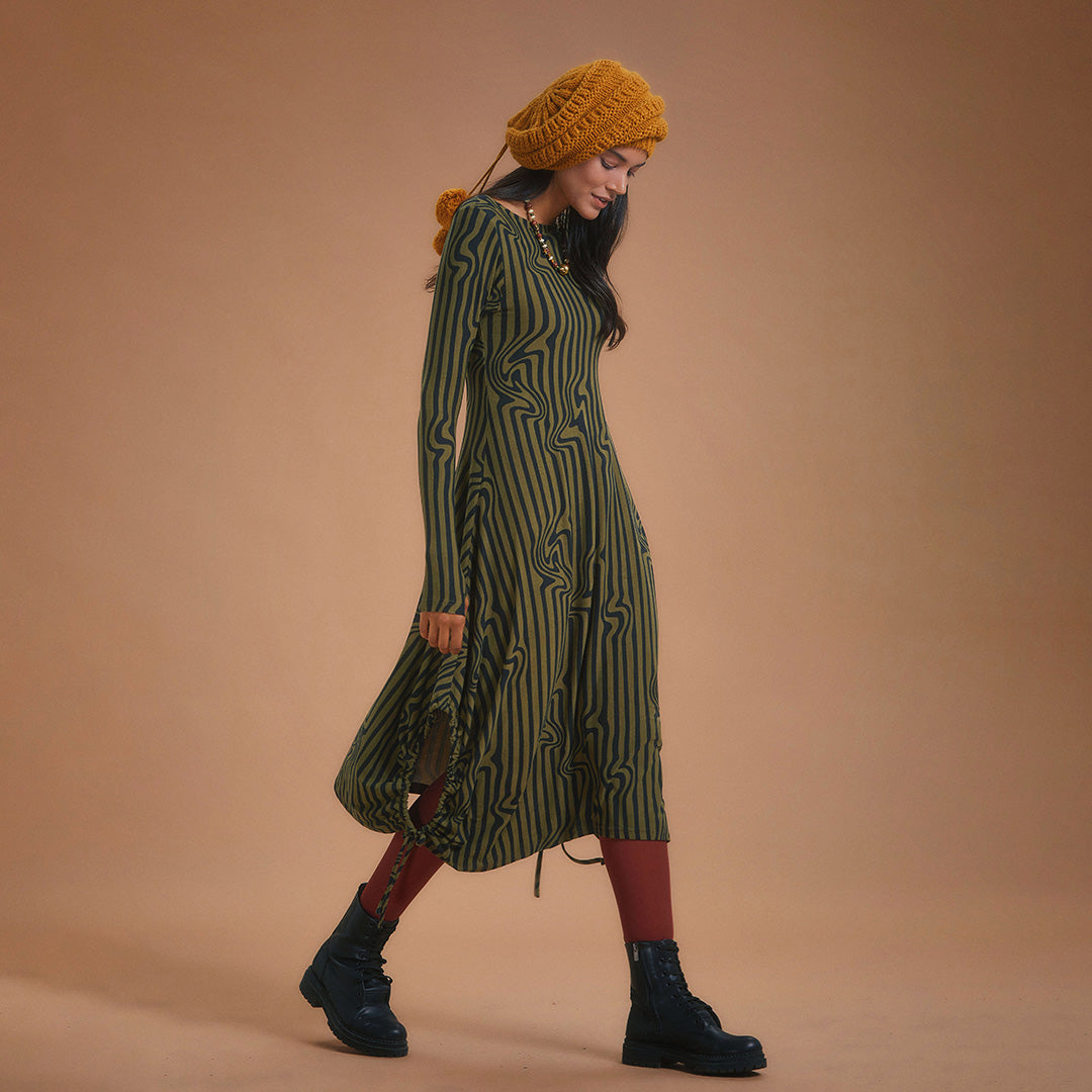 Boat Neck Thumb Hole Side Strings Khaki Pattern Dress