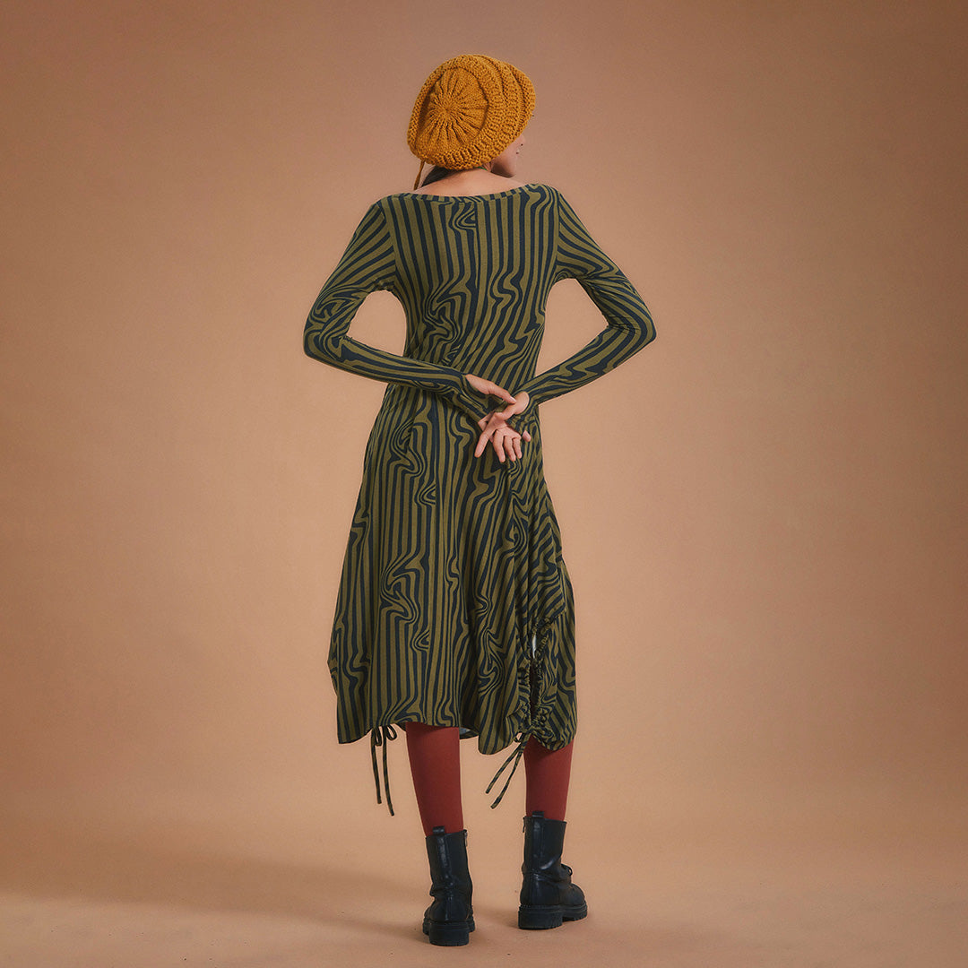 Boat Neck Thumb Hole Side Strings Khaki Pattern Dress