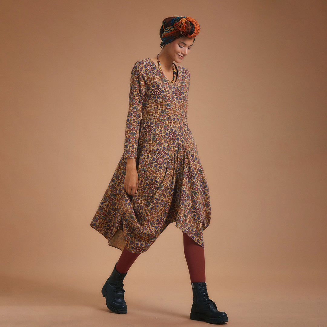 Authentic Print Asymmetrical Hem Long Sleeve Dress