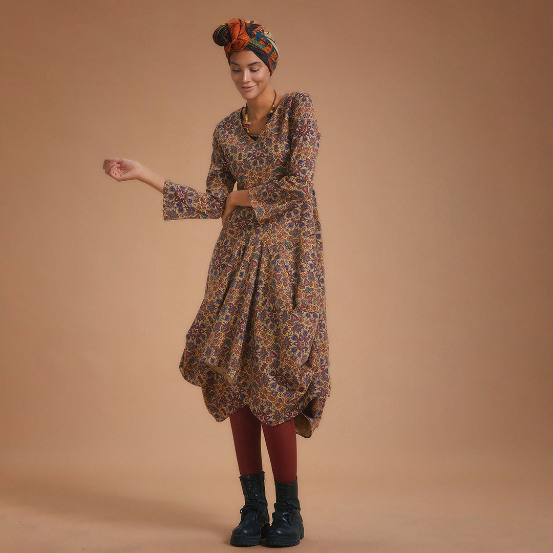 Authentic Print Asymmetrical Hem Long Sleeve Dress