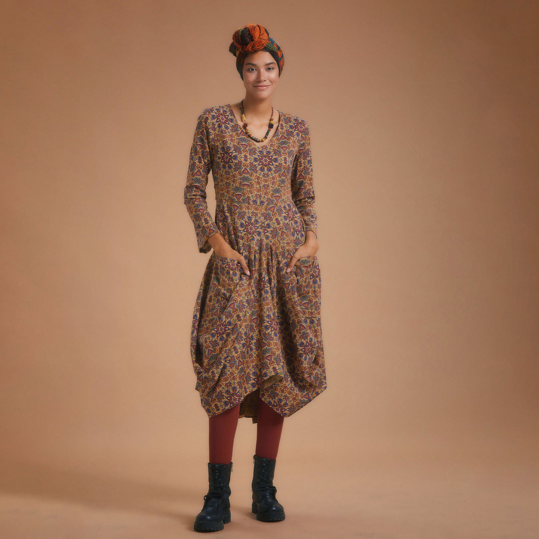 Authentic Print Asymmetrical Hem Long Sleeve Dress