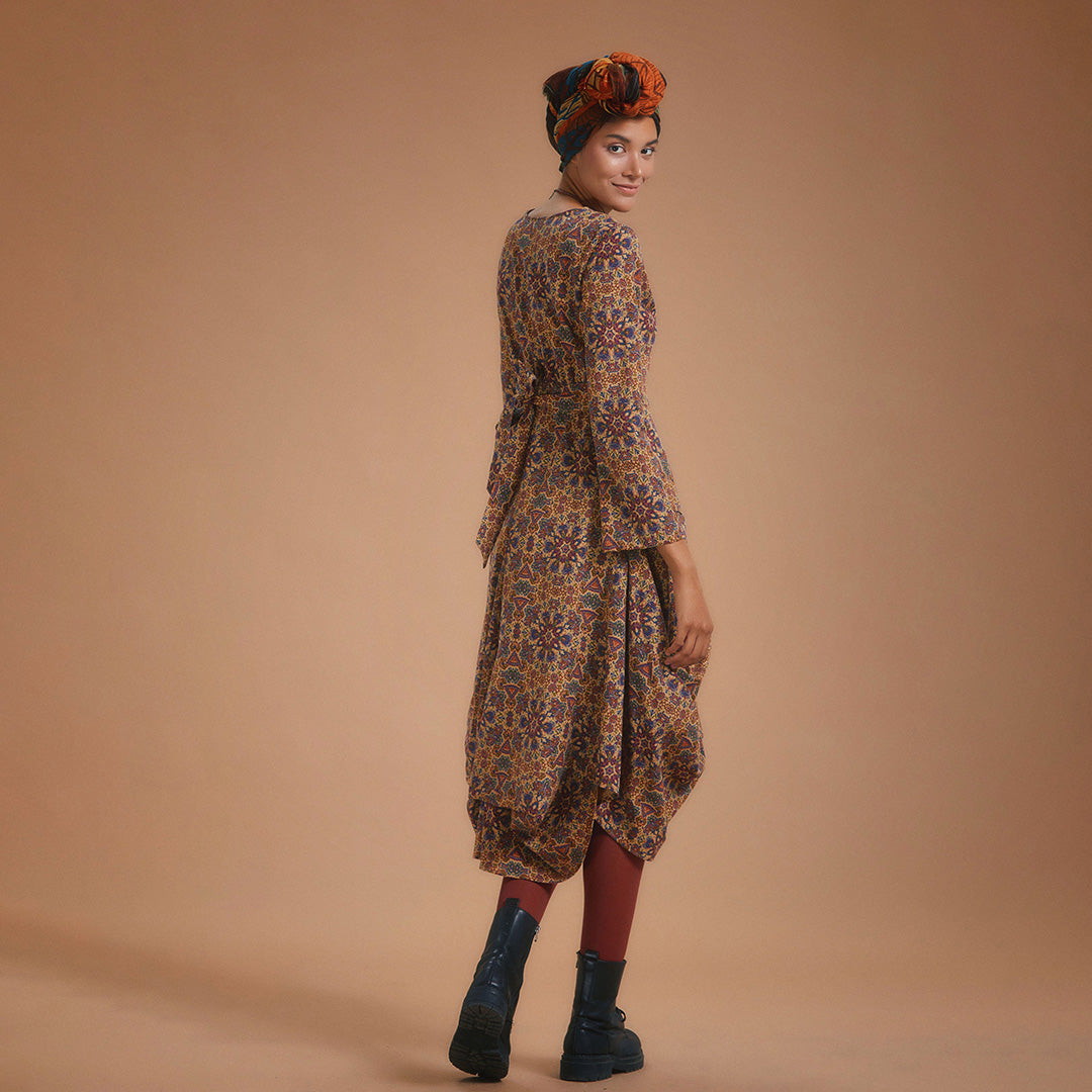 Authentic Print Asymmetrical Hem Long Sleeve Dress