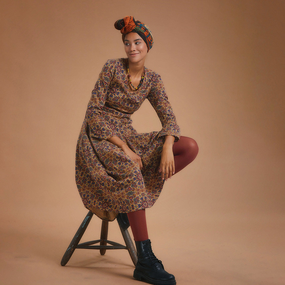 Authentic Print Asymmetrical Hem Long Sleeve Dress