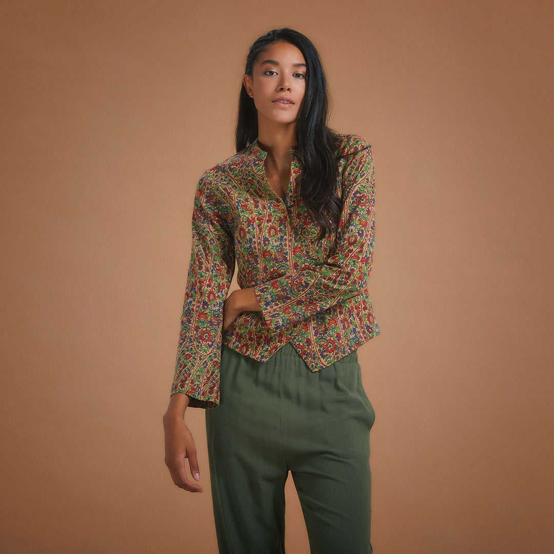 Flower Print Mandarin Collar Slim Cut Jacket Top