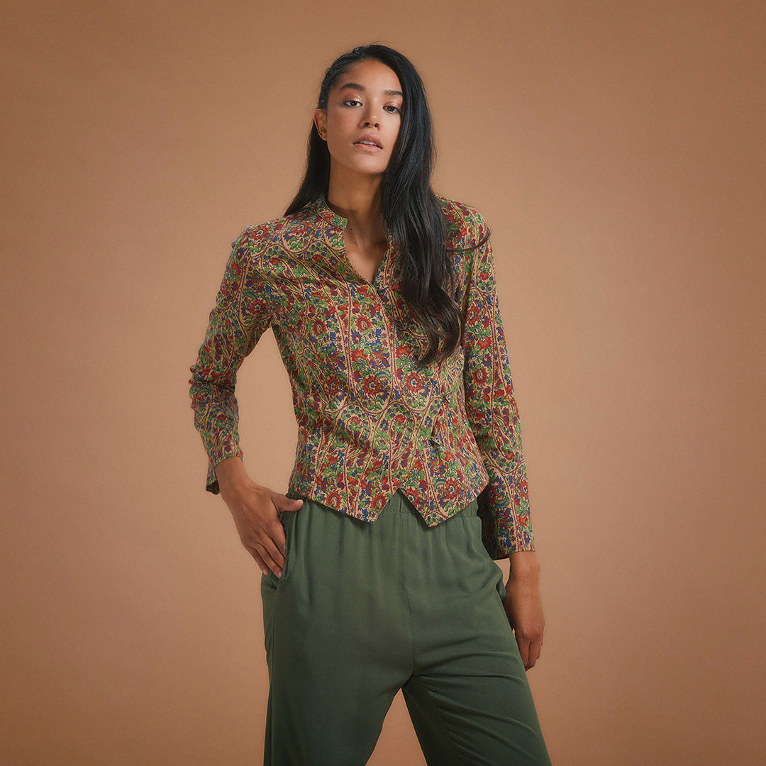 Flower Print Mandarin Collar Slim Cut Jacket Top