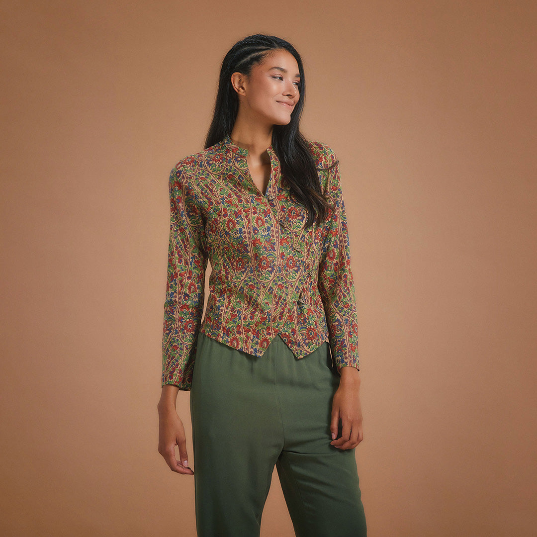 Flower Print Mandarin Collar Slim Cut Jacket Top