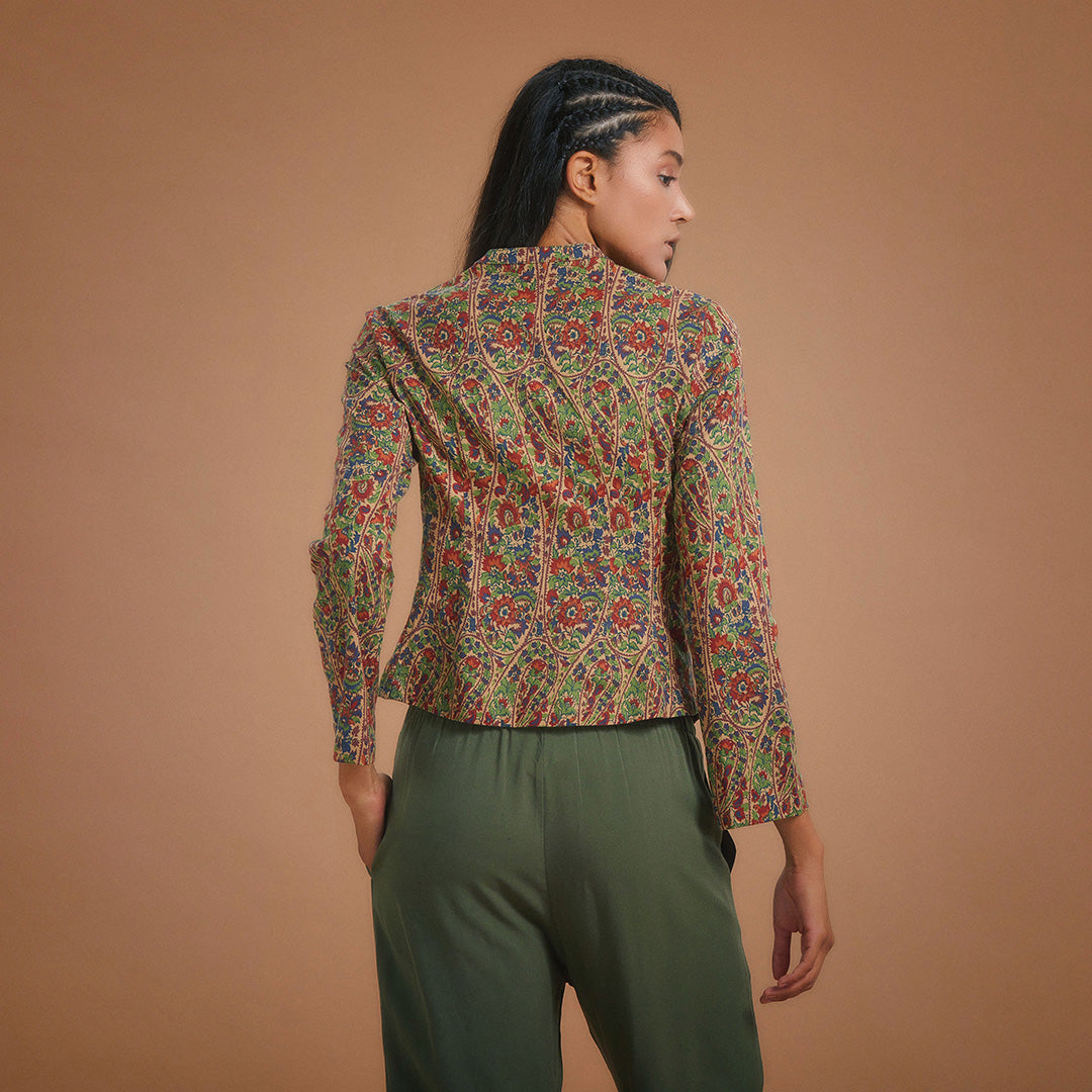 Flower Print Mandarin Collar Slim Cut Jacket Top