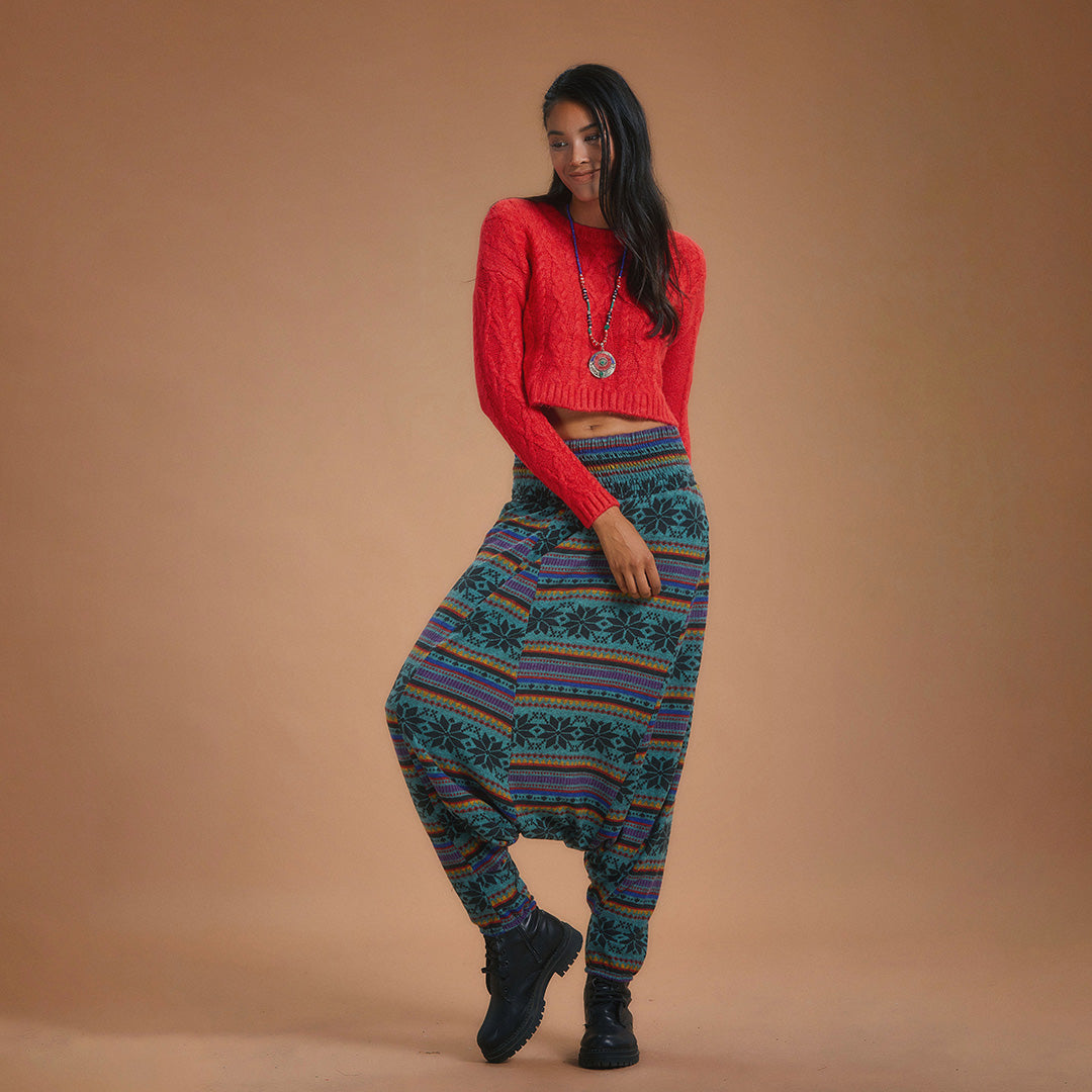 Shirred Waist Petrol Patterned Shalwar Trousers Pants