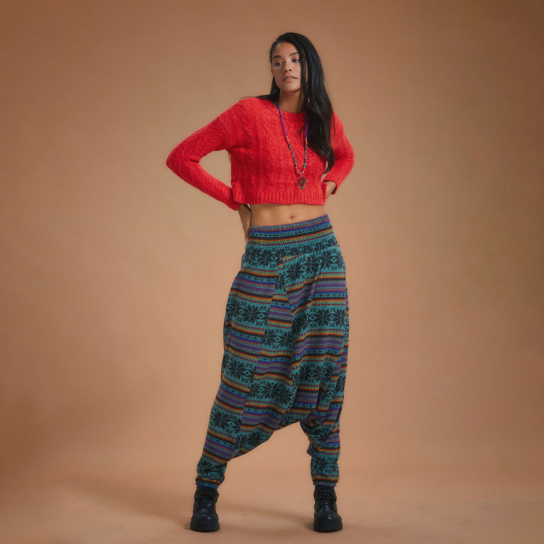 Shirred Waist Petrol Patterned Shalwar Trousers Pants