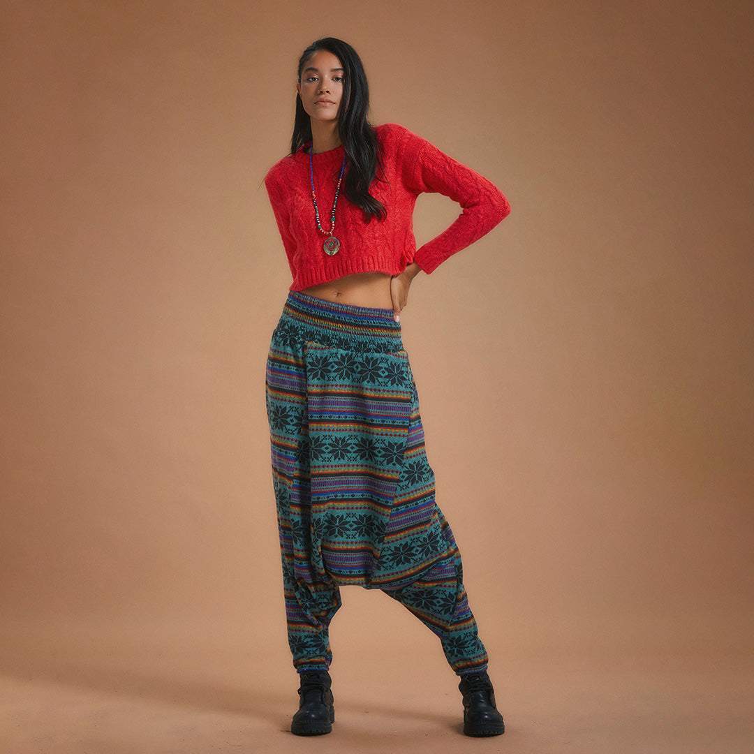 Shirred Waist Petrol Patterned Shalwar Trousers Pants