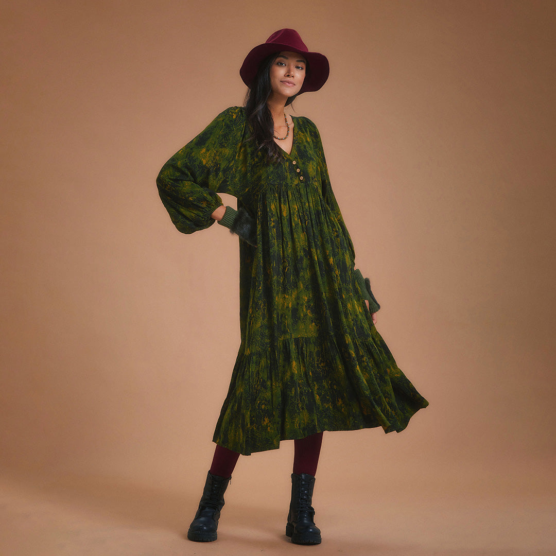 Loose Fit Tiered Long Puff Sleeve Dress