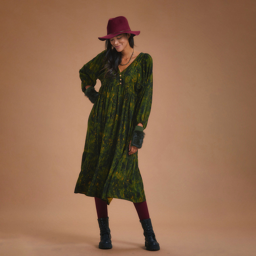 Loose Fit Tiered Long Puff Sleeve Dress