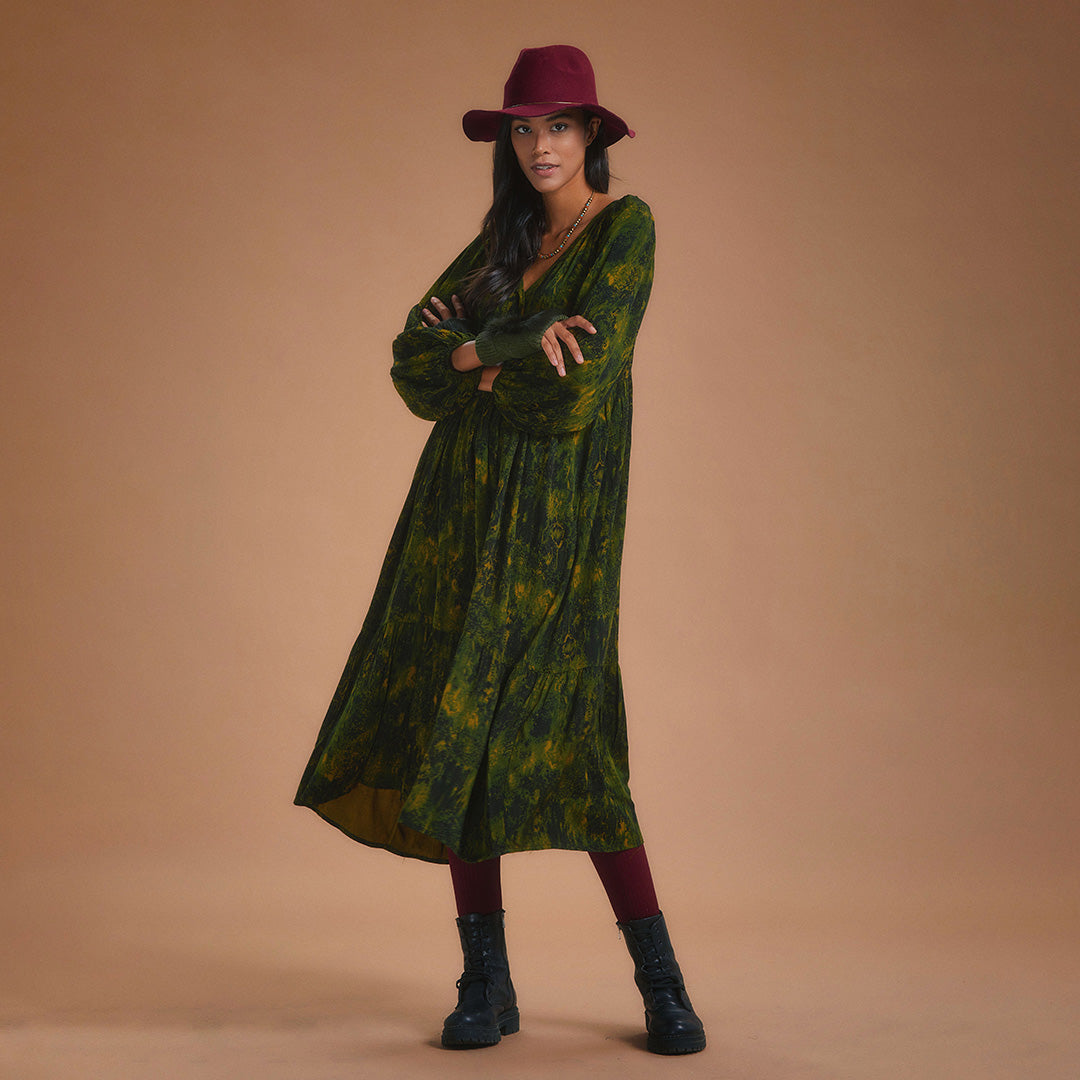 Loose Fit Tiered Long Puff Sleeve Dress