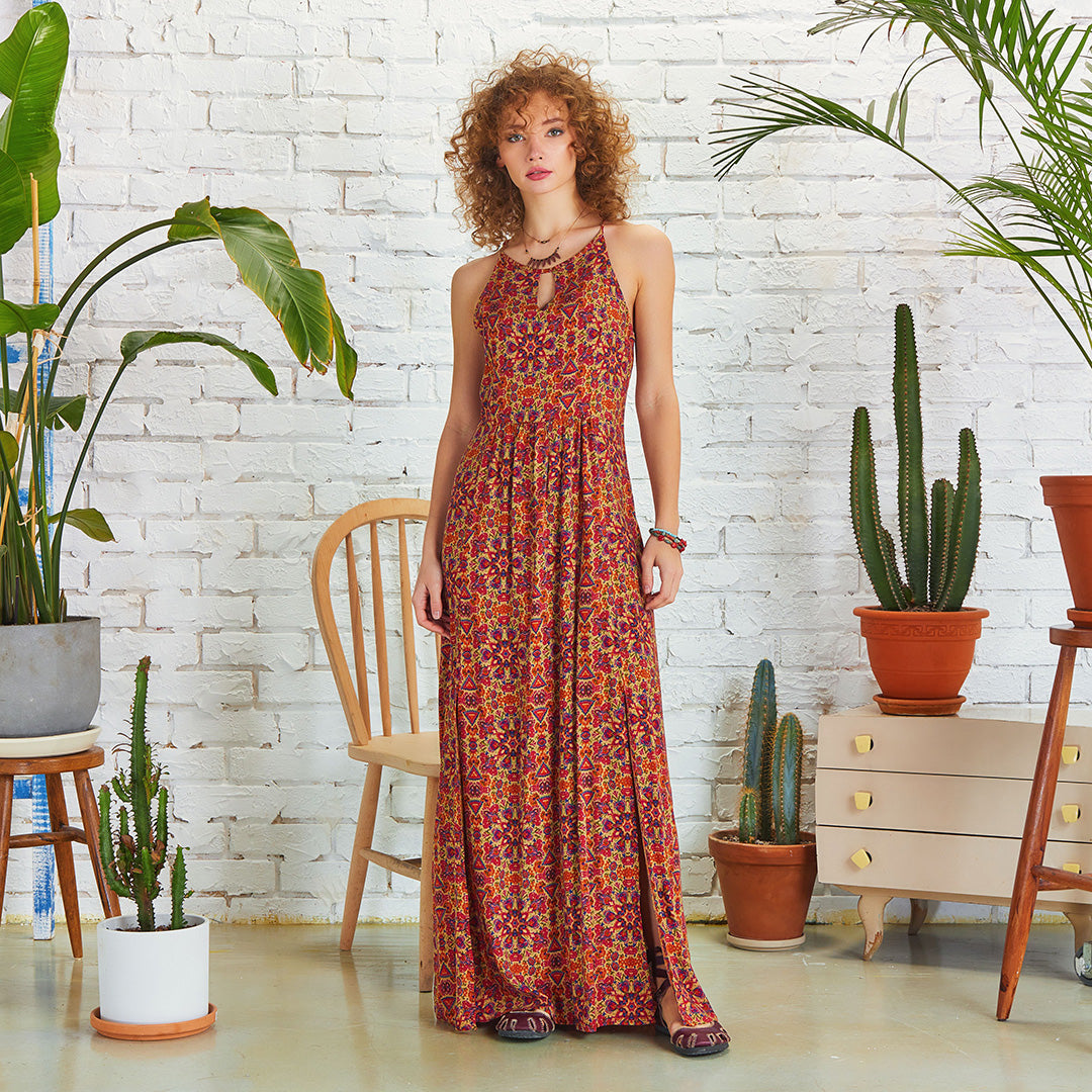 Double Front Slit Detail Halter Neck Maxi Dress