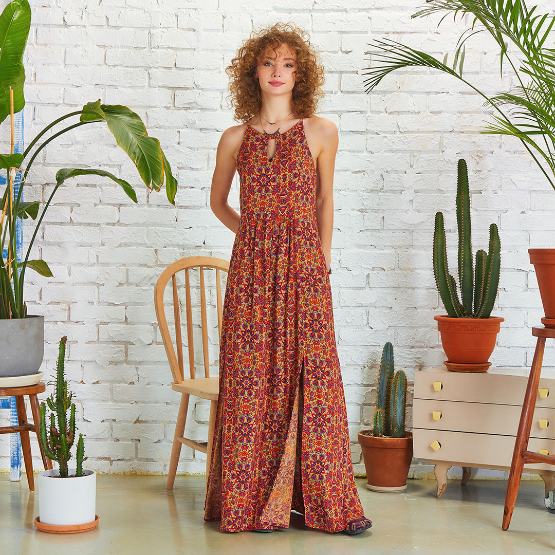 Double Front Slit Detail Halter Neck Maxi Dress