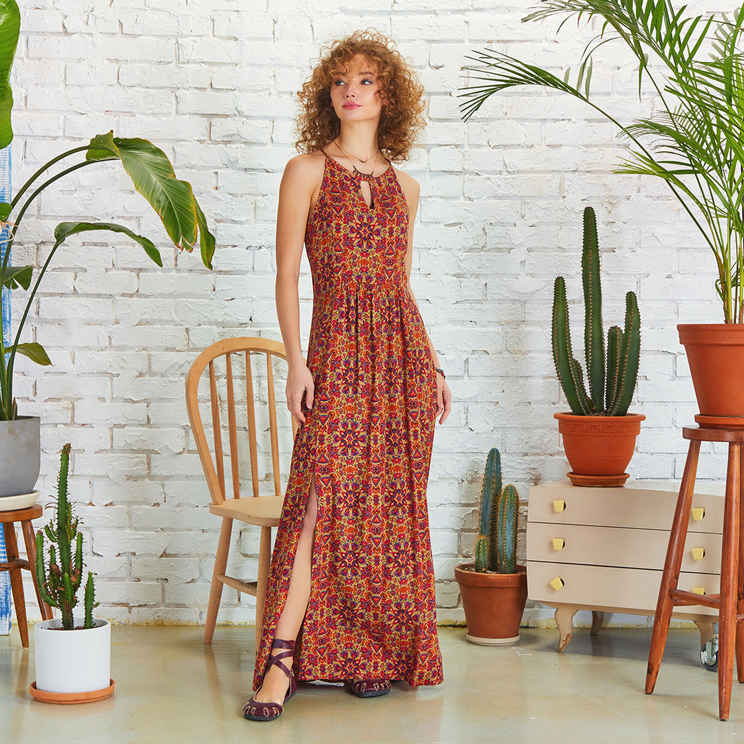 Double Front Slit Detail Halter Neck Maxi Dress