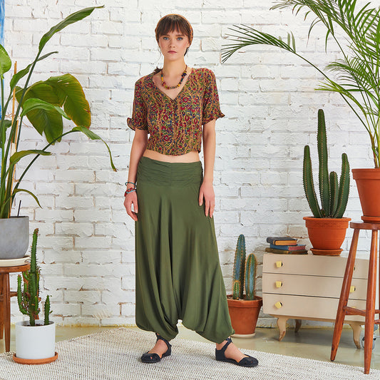 Draped Front Detail Elastic Waist Khaki Salwar Pants