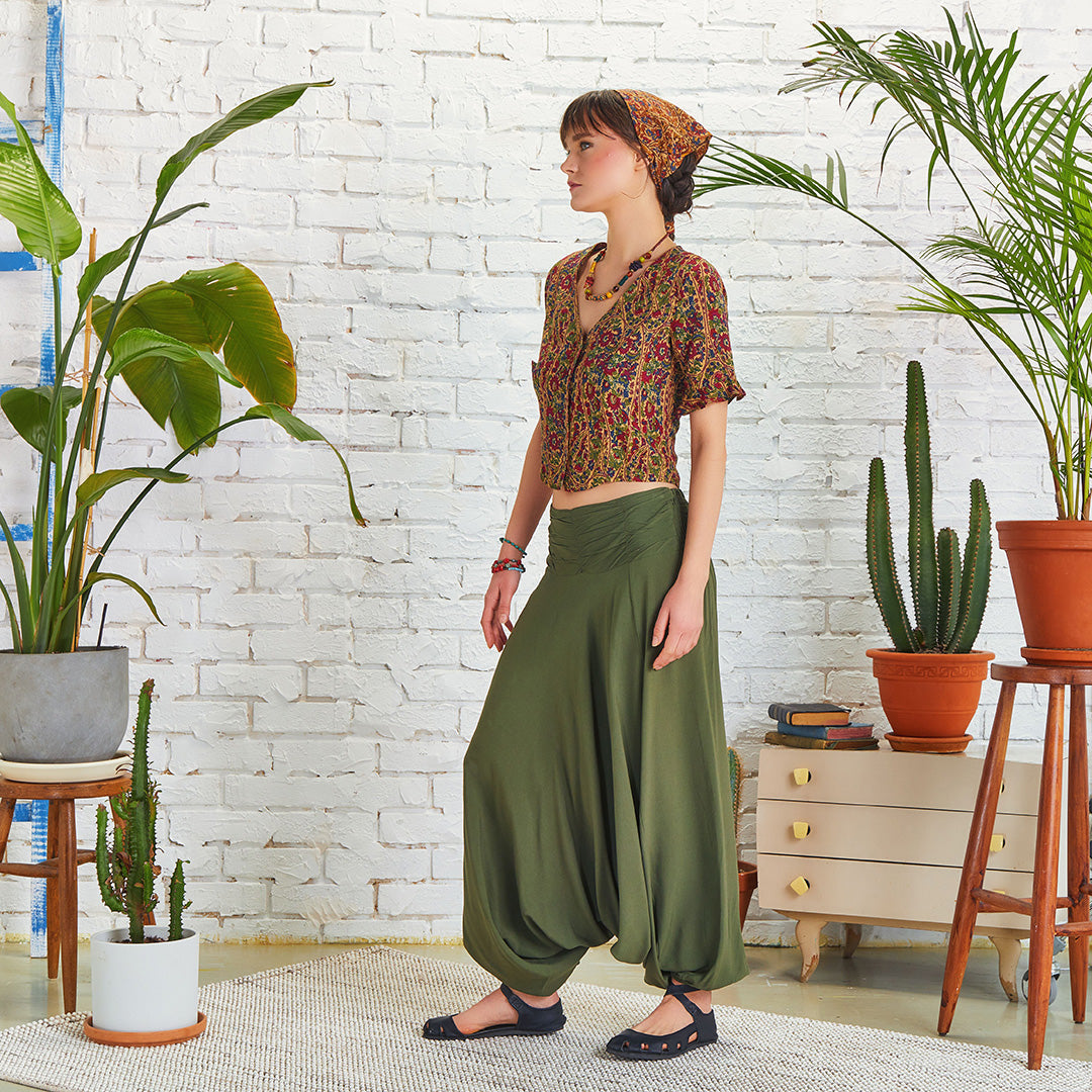 Draped Front Detail Elastic Waist Khaki Salwar Pants