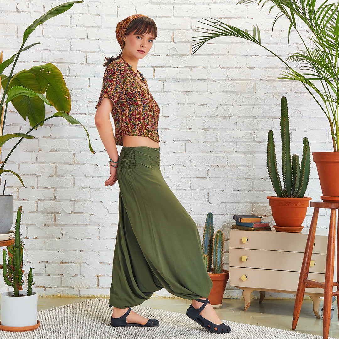 Draped Front Detail Elastic Waist Khaki Salwar Pants