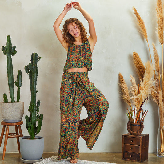 Ethnic Print Wrap Front Sleeveless Overall Pants