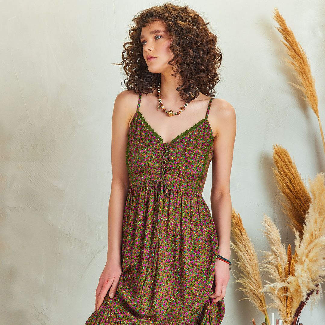 Criss Cross Front Detail Strappy Floral Print Laced Dress