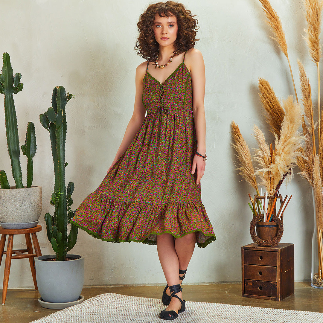Criss Cross Front Detail Strappy Floral Print Laced Dress