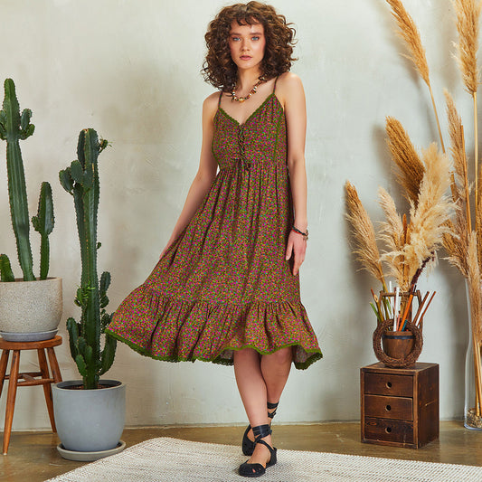 Criss Cross Front Detail Strappy Floral Print Laced Dress