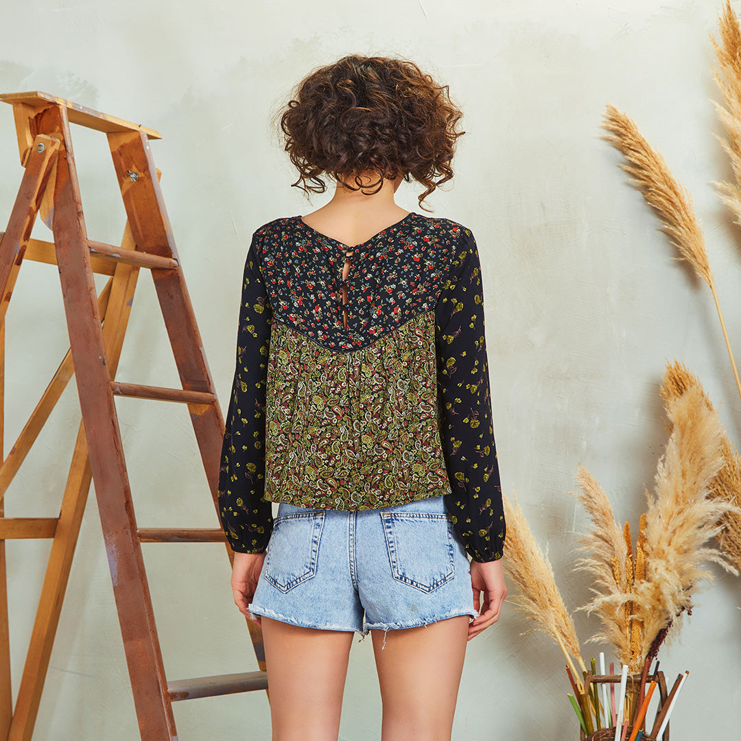 Patchwork Long Sleeve Boho Top