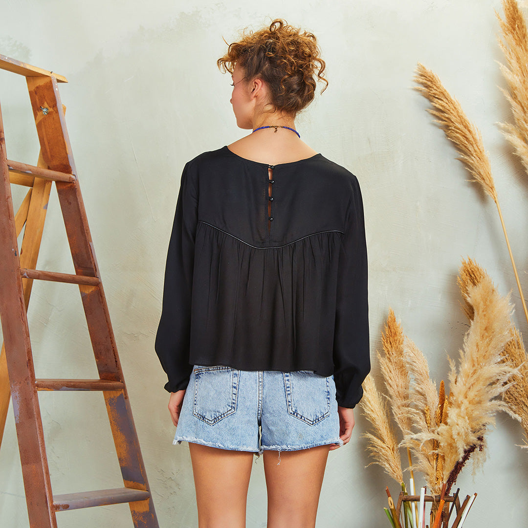 Black Long Sleeve Boho Top