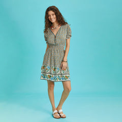 V Necklined Rose Print Puff Sleeve Short Dress