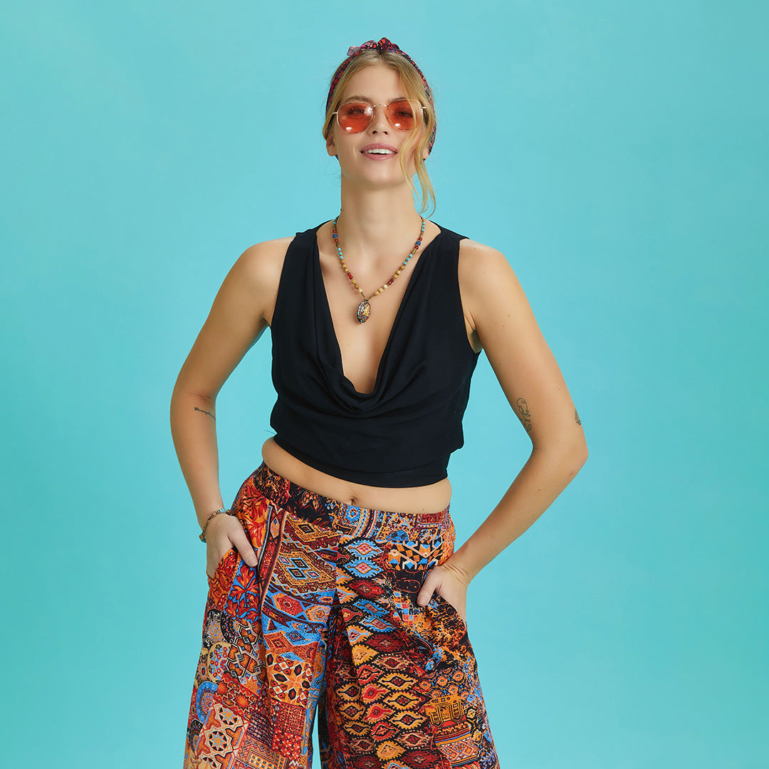 Elastic Hem Sleeveless Black Cowl Neck Crop Top