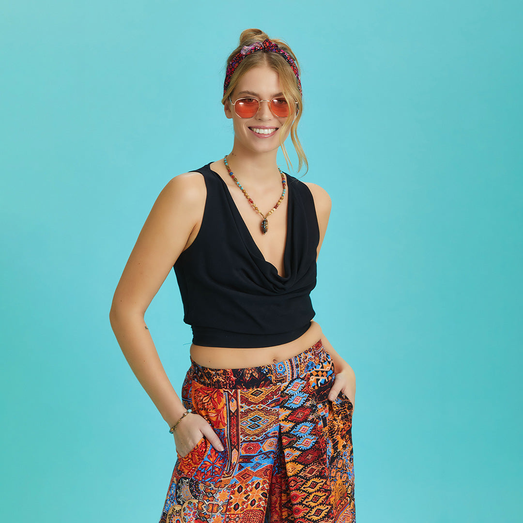 Elastic Hem Sleeveless Black Cowl Neck Crop Top