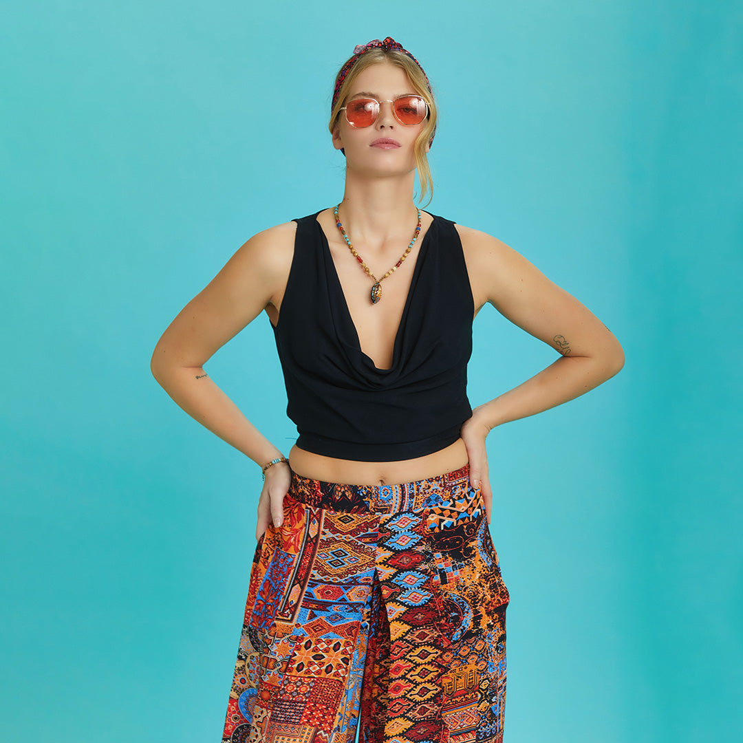 Elastic Hem Sleeveless Black Cowl Neck Crop Top