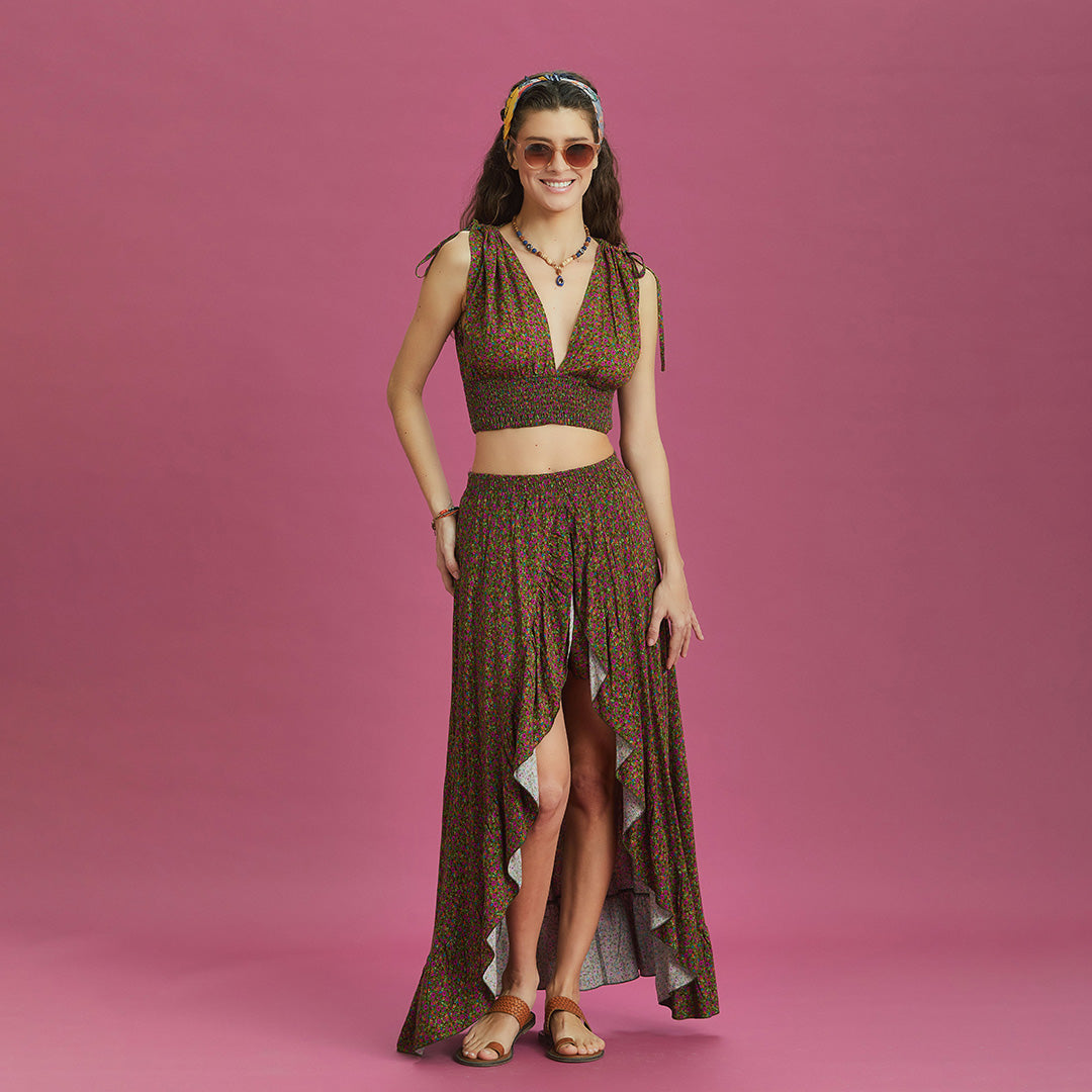 Split Front Frill Hem Green Print Long Gypsy Skirt