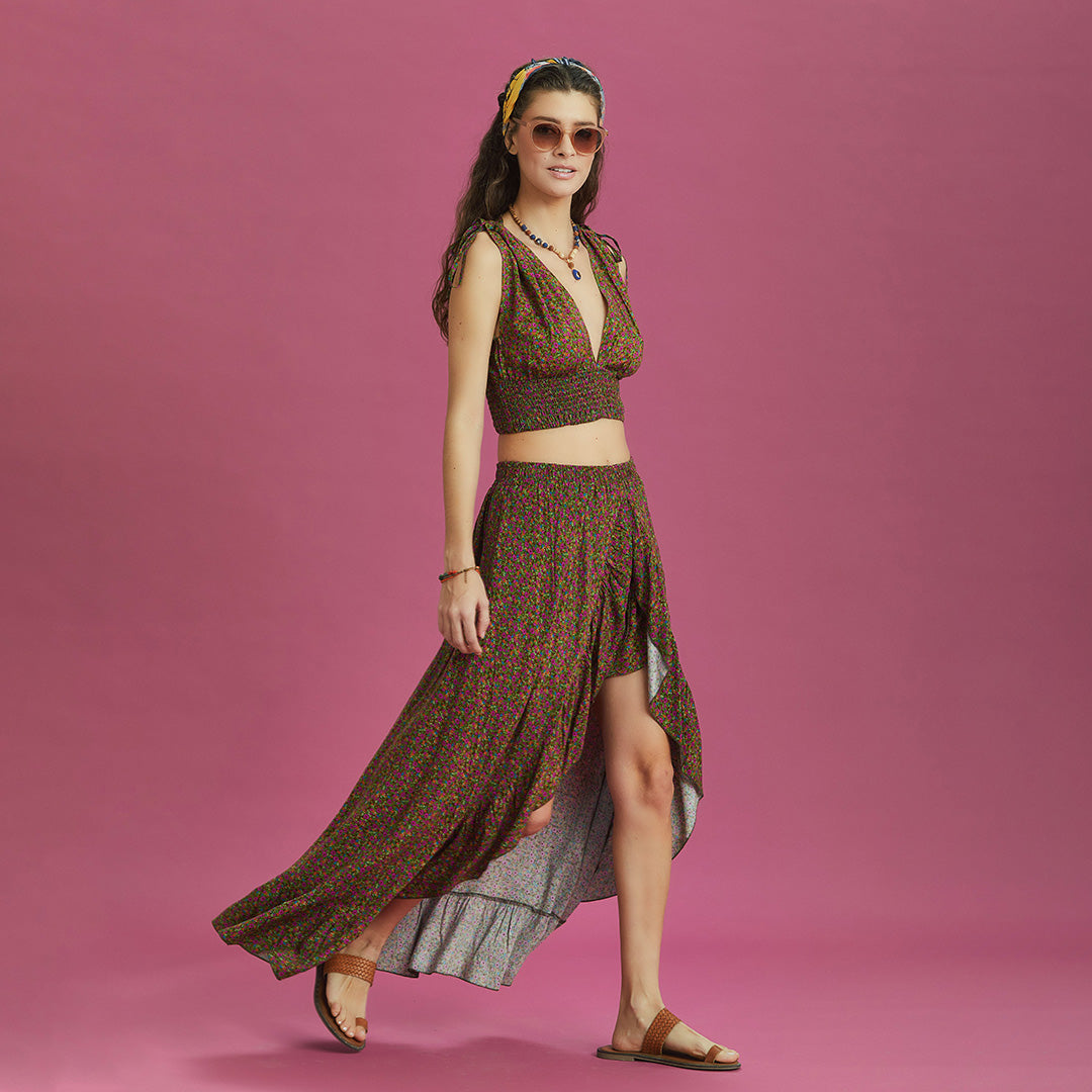 Split Front Frill Hem Green Print Long Gypsy Skirt