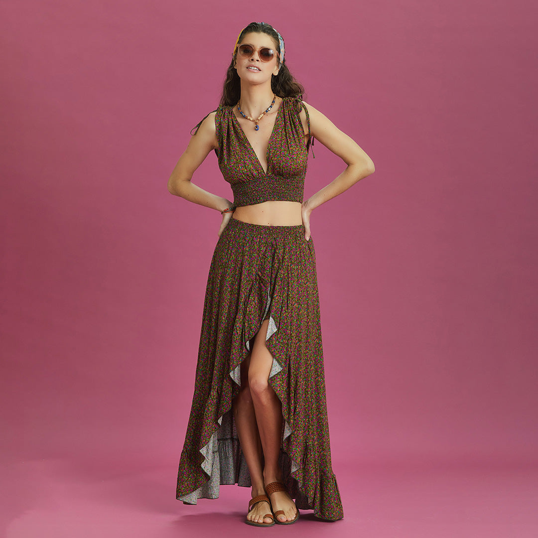 Split Front Frill Hem Green Print Long Gypsy Skirt