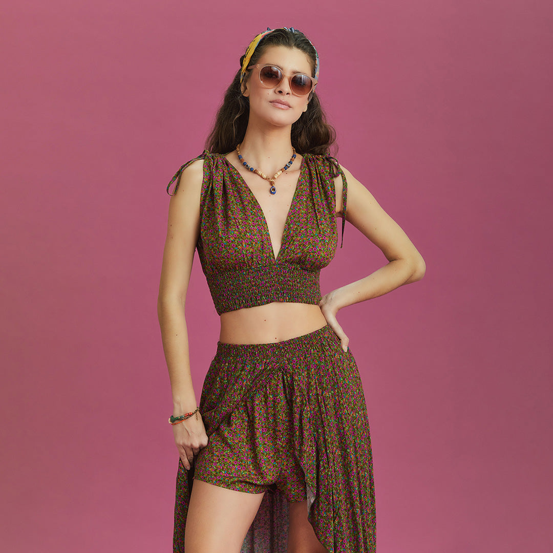 Split Front Frill Hem Green Print Long Gypsy Skirt