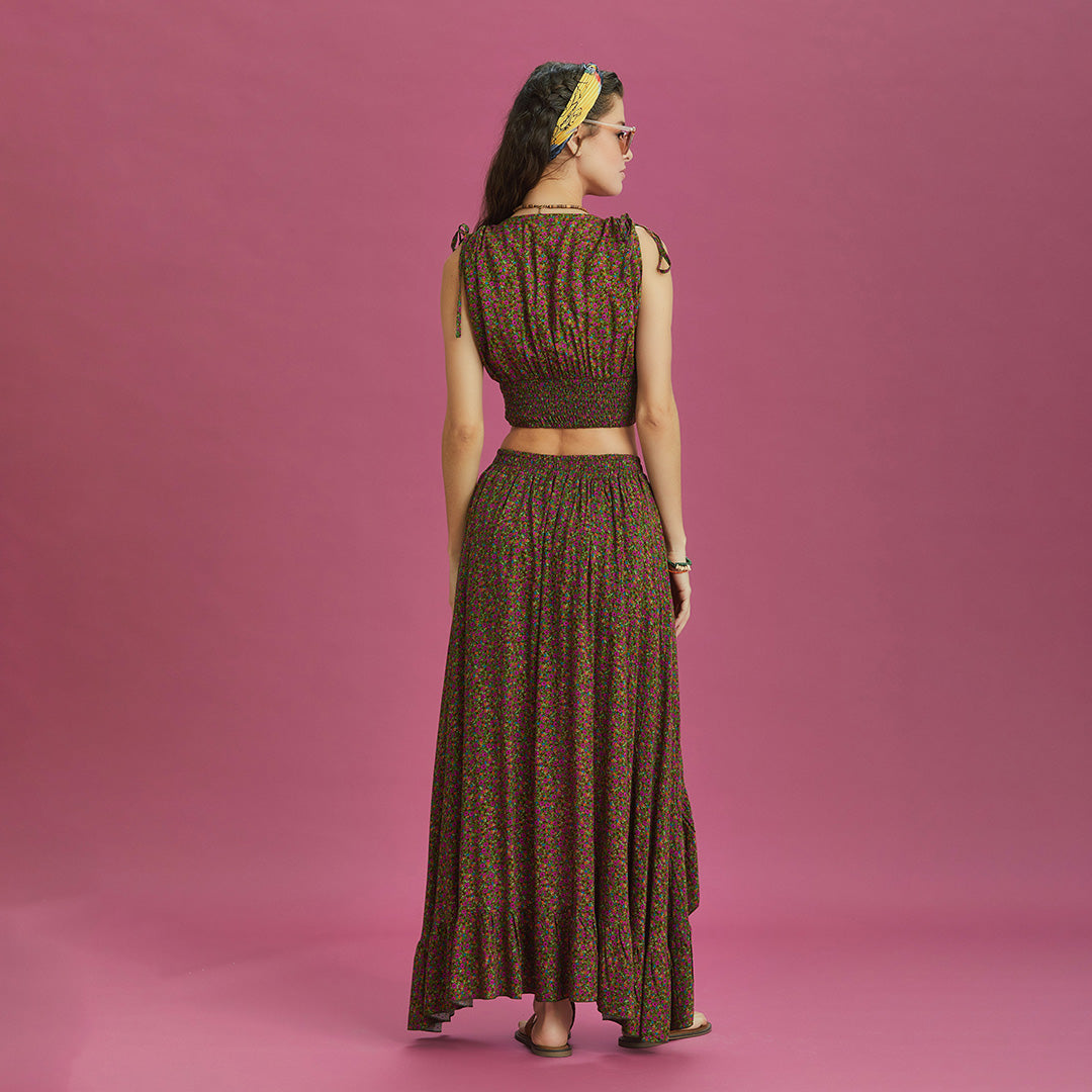 Split Front Frill Hem Green Print Long Gypsy Skirt