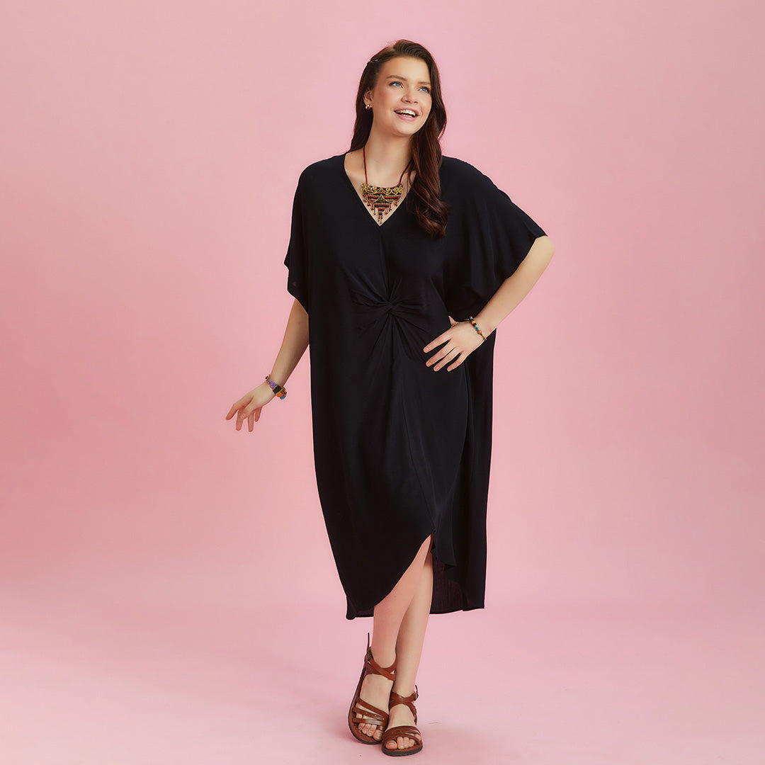 Twist Front Loose Black Bat Wing Dress