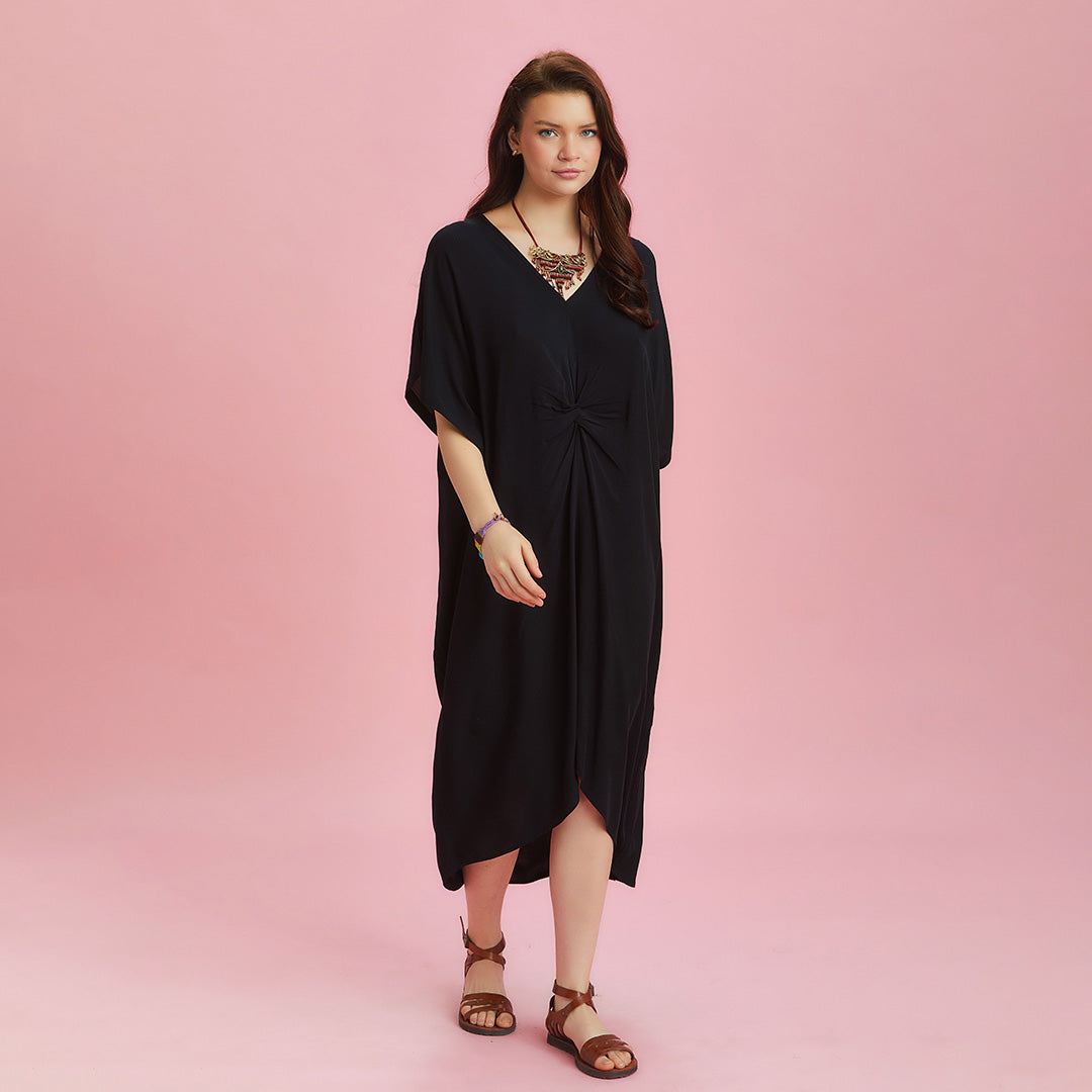 Twist Front Loose Black Bat Wing Dress