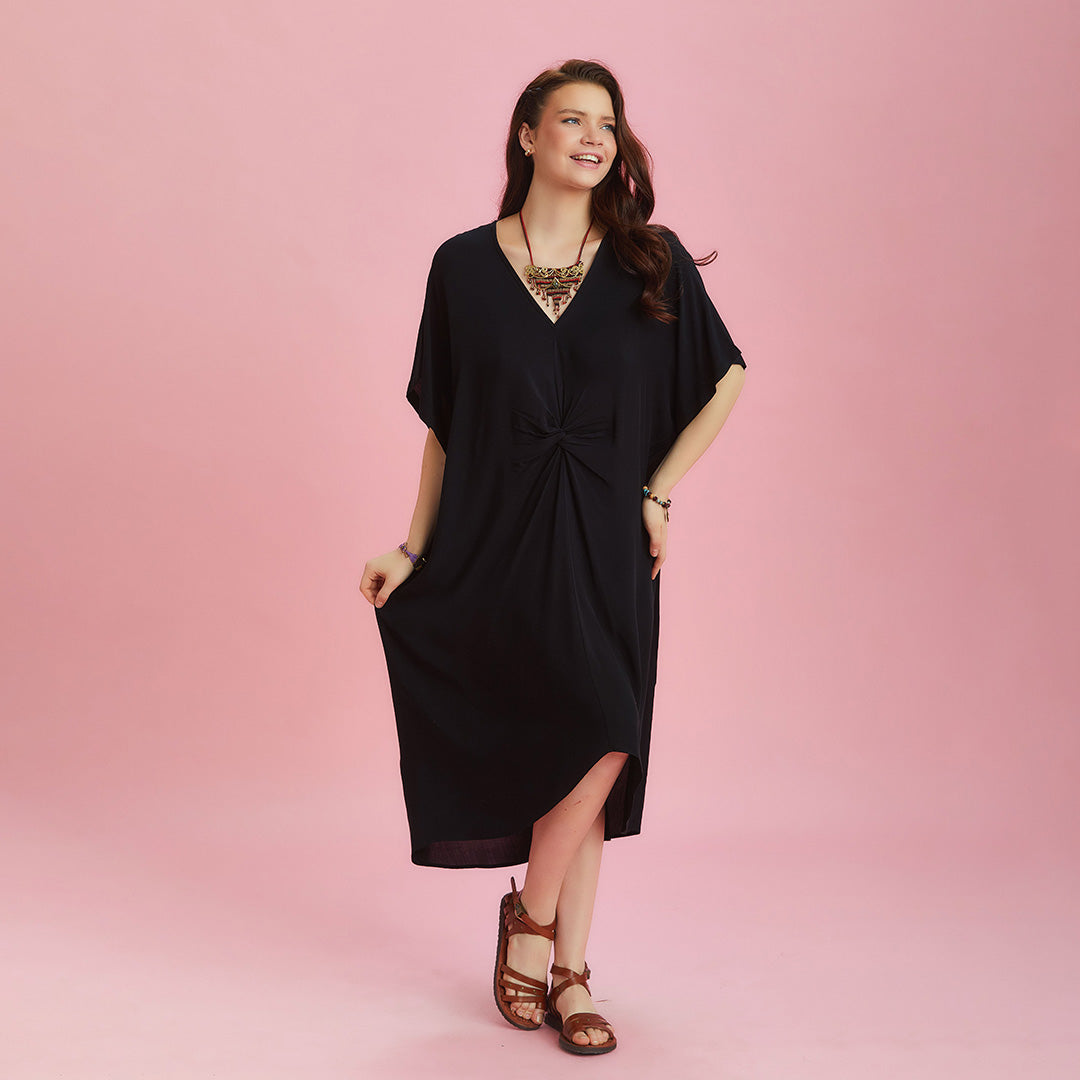 Twist Front Loose Black Bat Wing Dress
