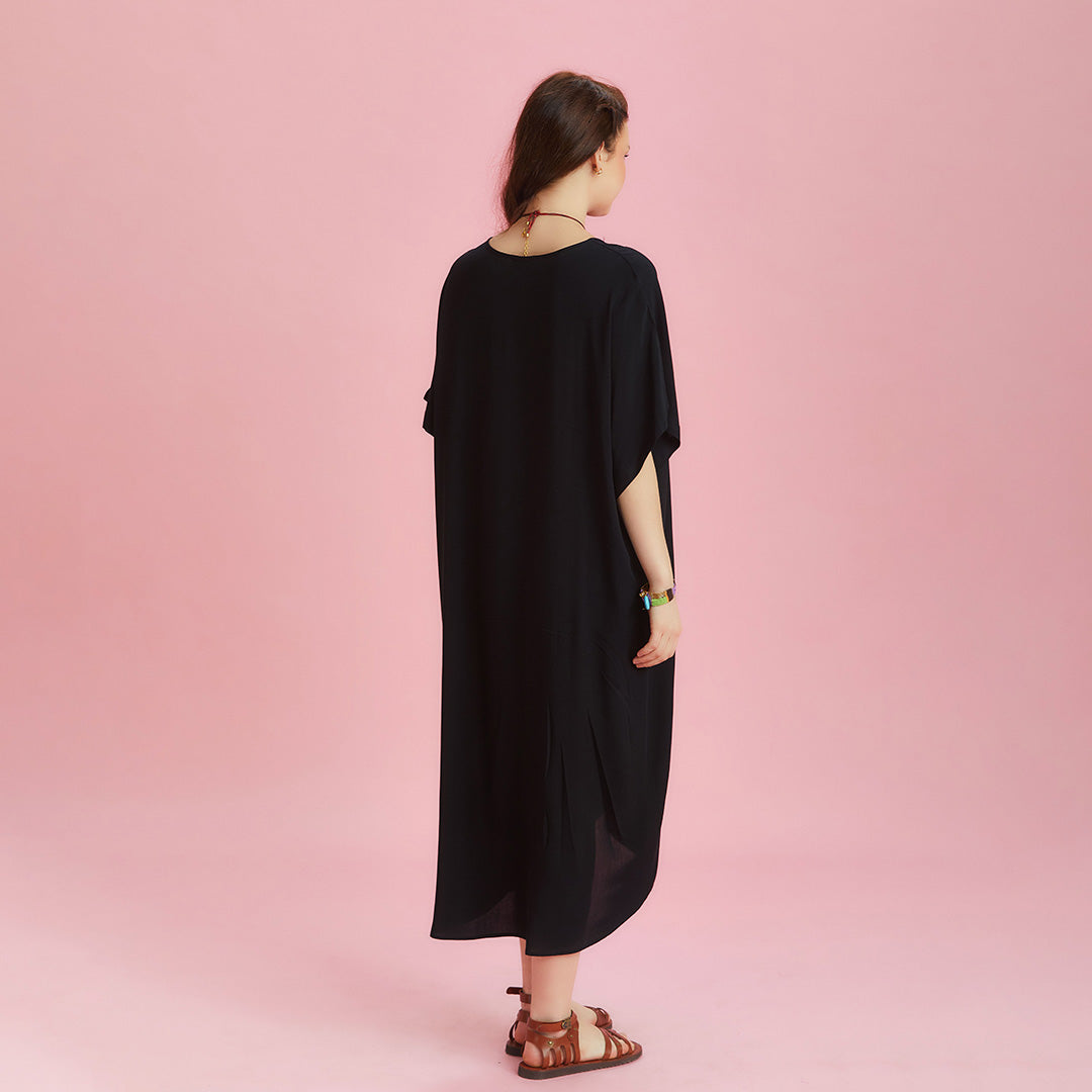 Twist Front Loose Black Bat Wing Dress