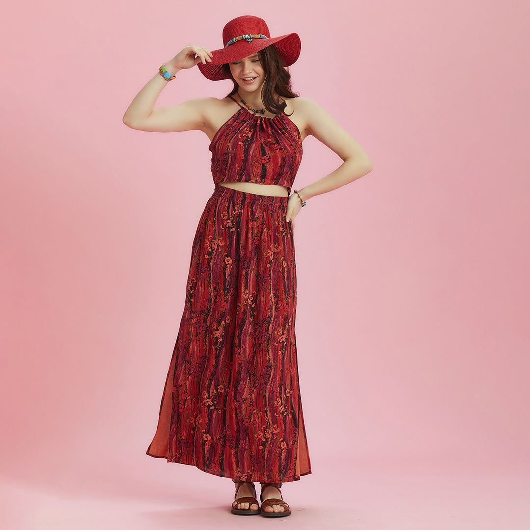 Open Back Halter Neck Red Printed Slit Sundress