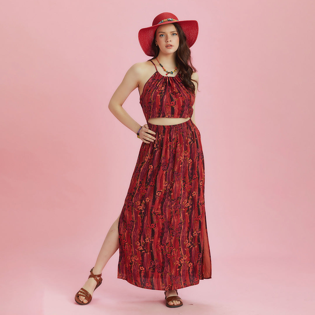 Open Back Halter Neck Red Printed Slit Sundress