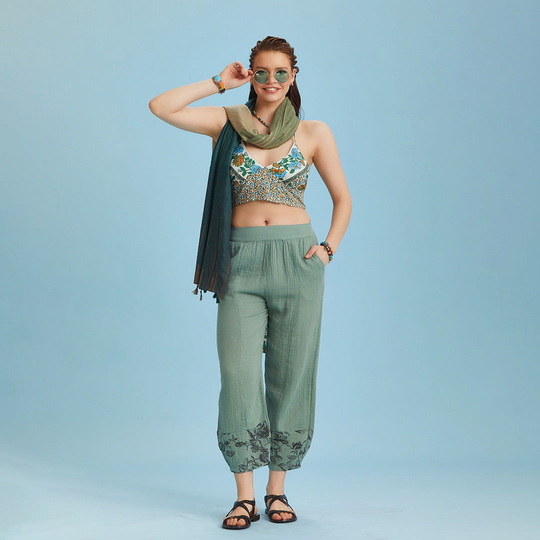 Rose Print Garnished Hem Detail Khaki Muslin Pants