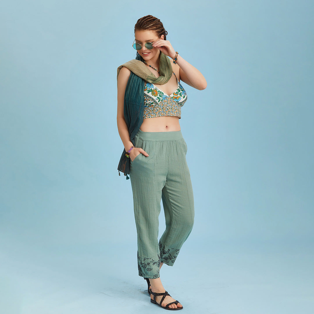 Rose Print Garnished Hem Detail Khaki Muslin Pants