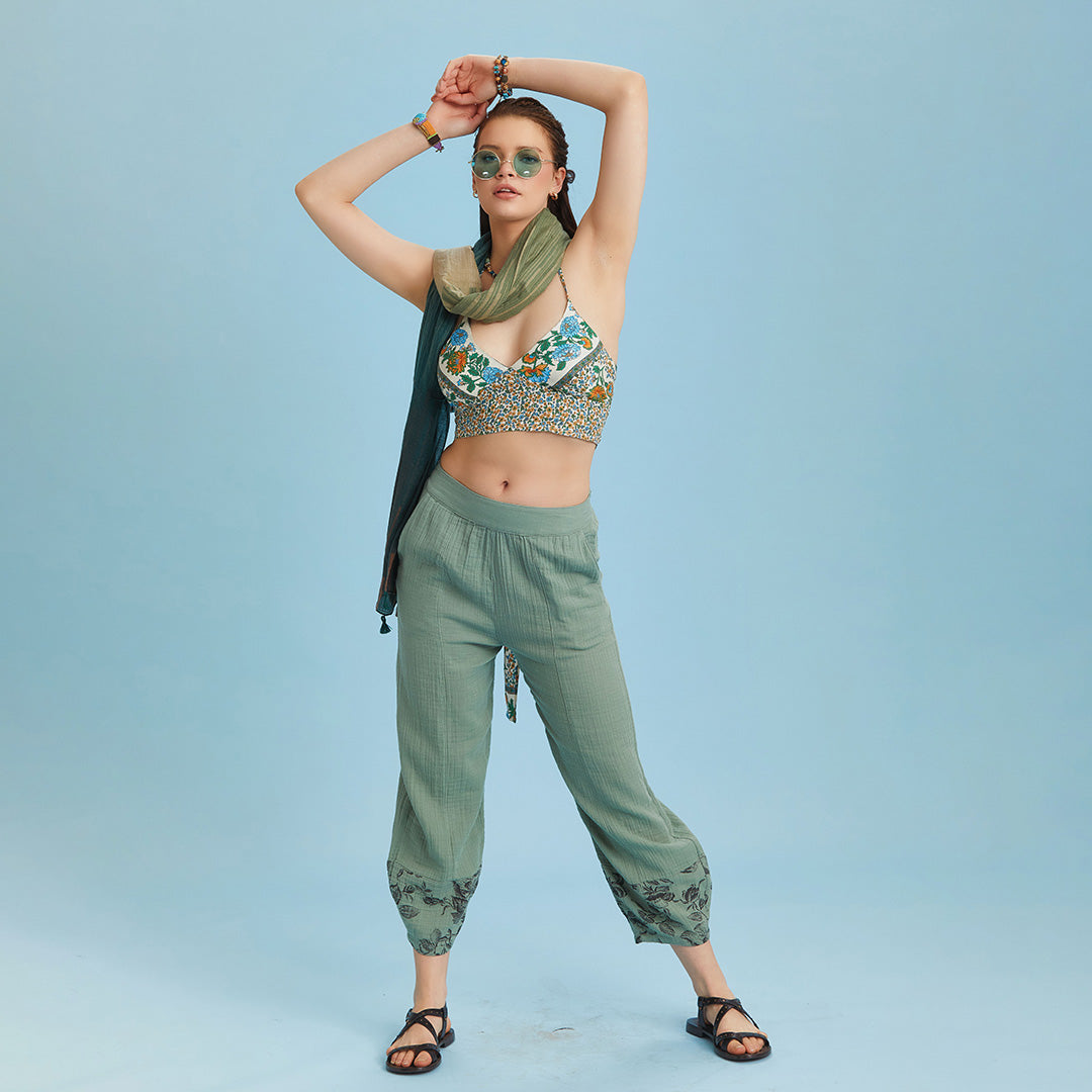 Rose Print Garnished Hem Detail Khaki Muslin Pants