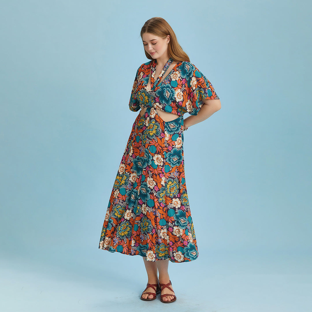 Boho Chic Style Floral Printed Cut Out Plus Size Dress